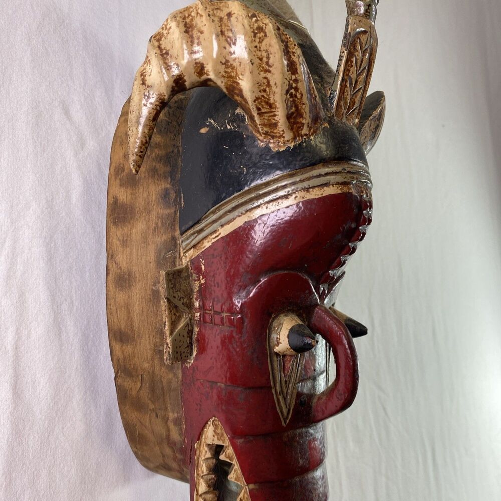 African Guro Crocodile Mask Tribal Art Wood Carving Ivory Coast (Damaged Tooth) - Picture 7 of 16
